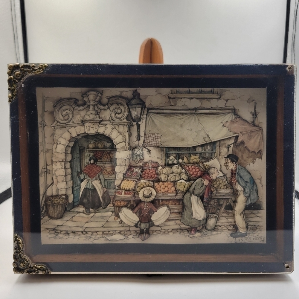 Vintage Jewelry Trinket Box Handmade Anton Pieck Market Street Scene Decoupage
